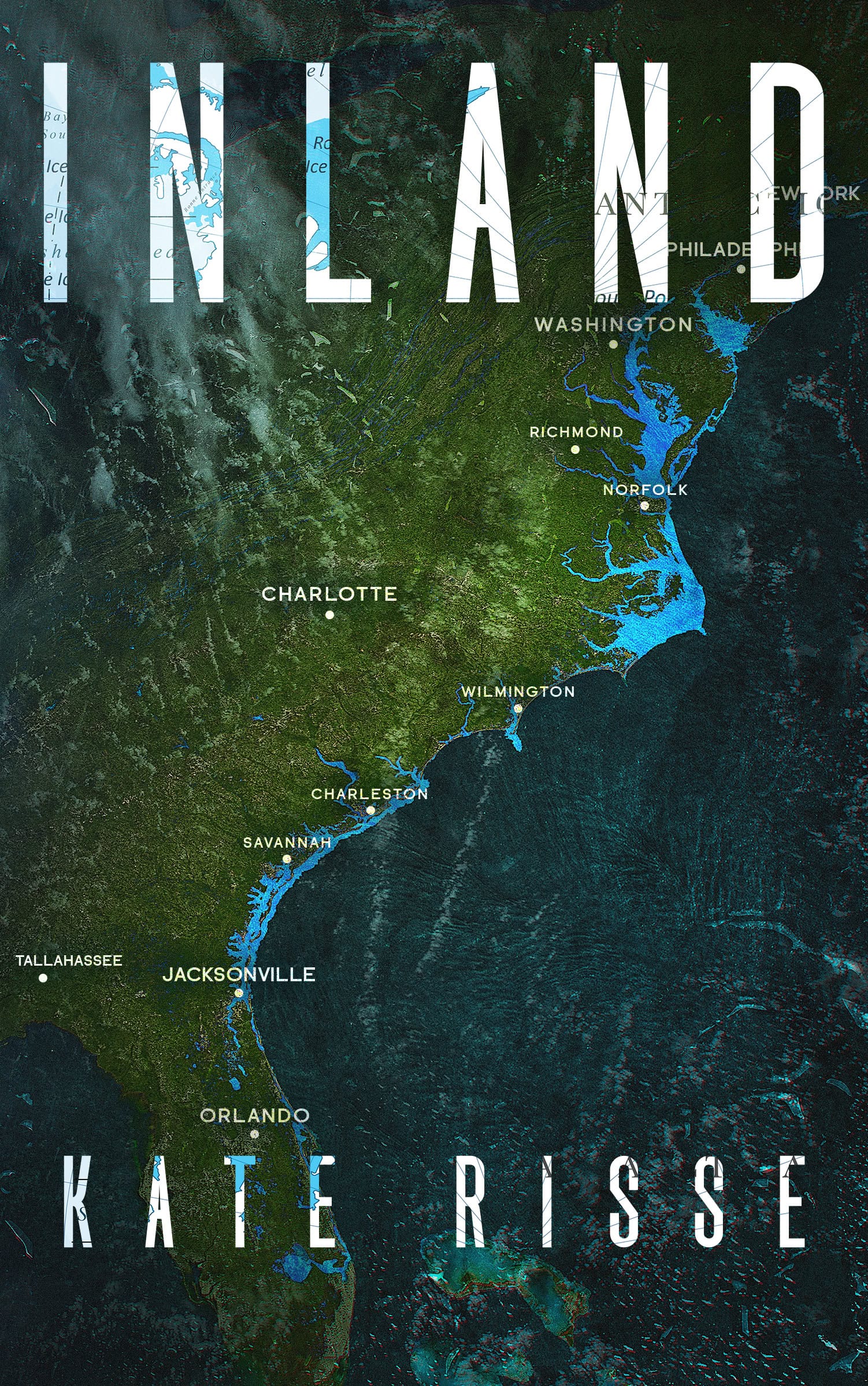 Book cover for "Inland" by Kate Risse featuring a map of the eastern U.S. coast.