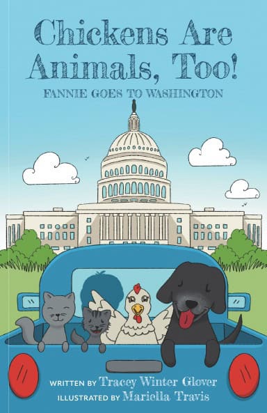 Illustration of chickens and pets in a truck with the Capitol building in the background.