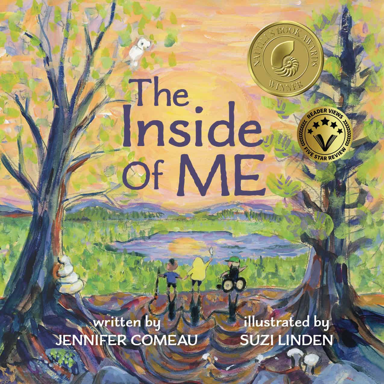 Children's book cover illustration with trees, a lake, and children exploring nature.
