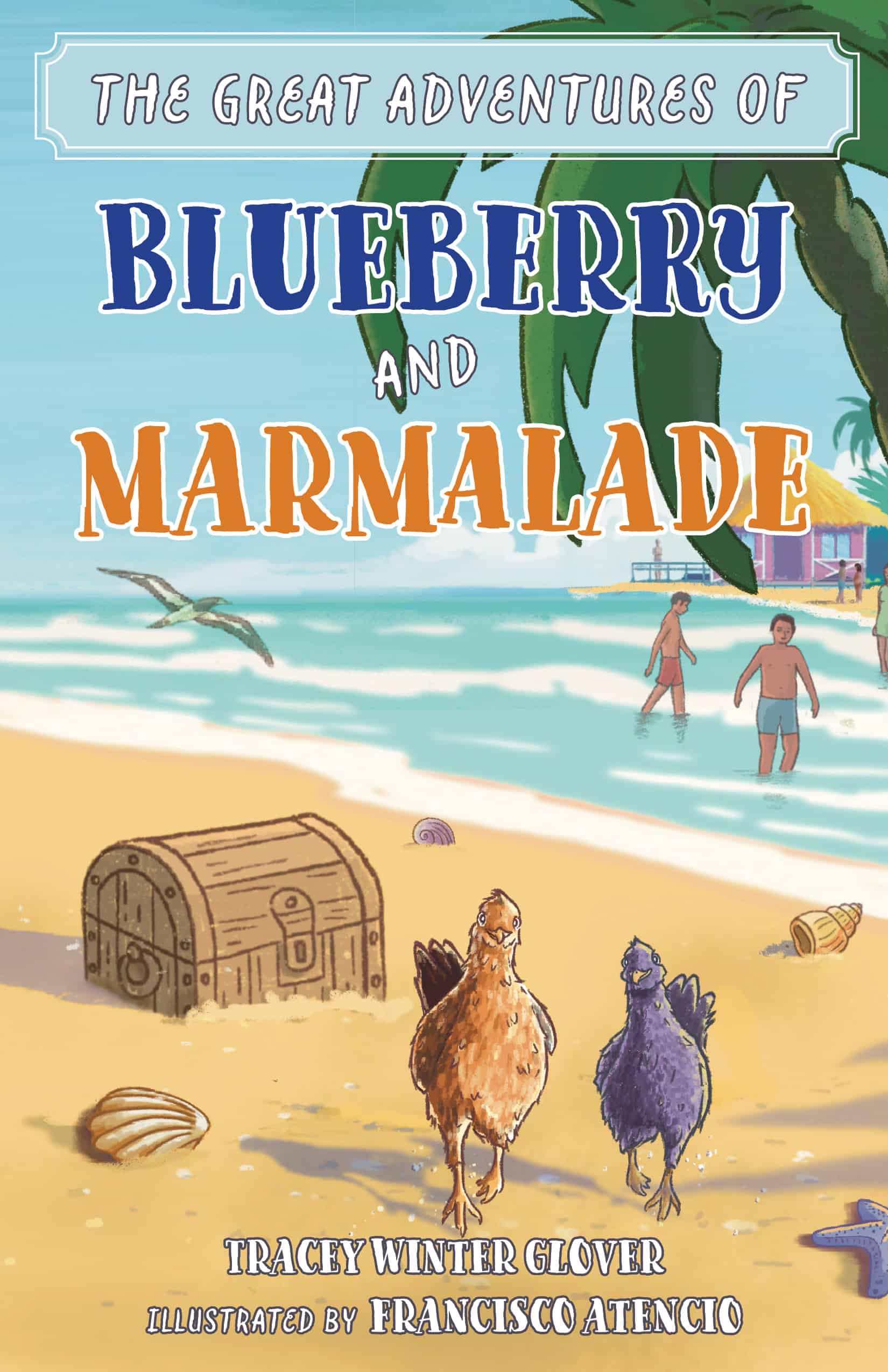 Blueberry and Marmalade children's book cover with beach scene and characters.