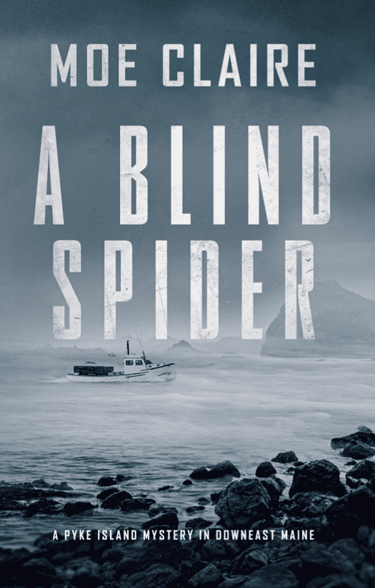 Book cover for 'A Blind Spider' by Moe Claire, featuring a foggy coastal scene with a boat.